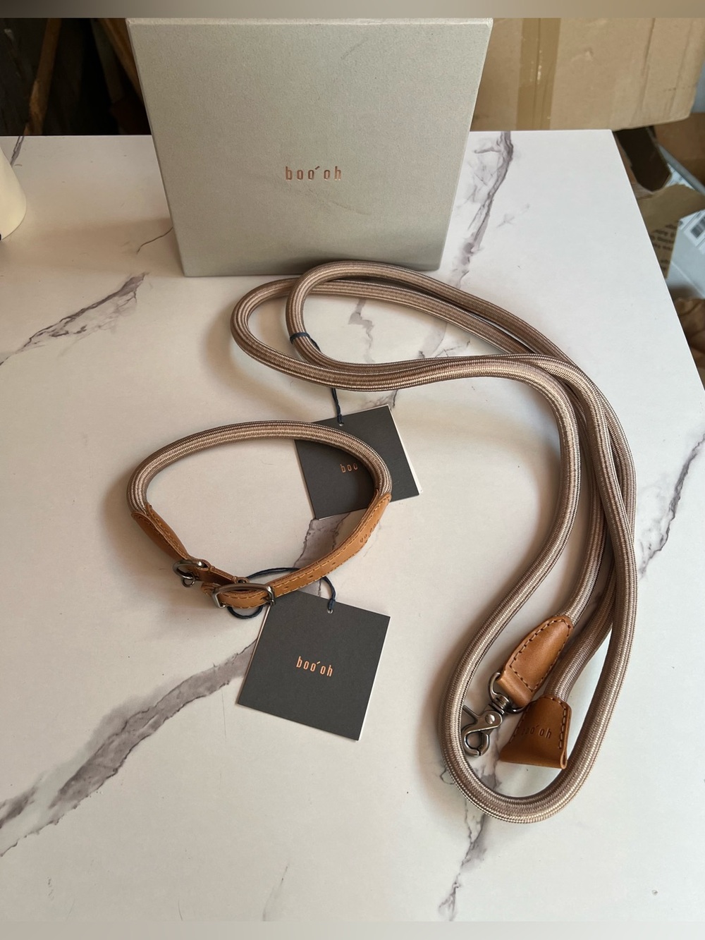 NWT Boo Oh Ray Italian Leather Collar & Silk Rayon Rope Leash Set for Dogs Sz M - Picture 4 of 12